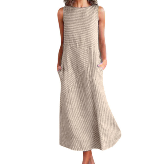 Striped Crew Neck Sleeveless Casual Maxi Dresses Women