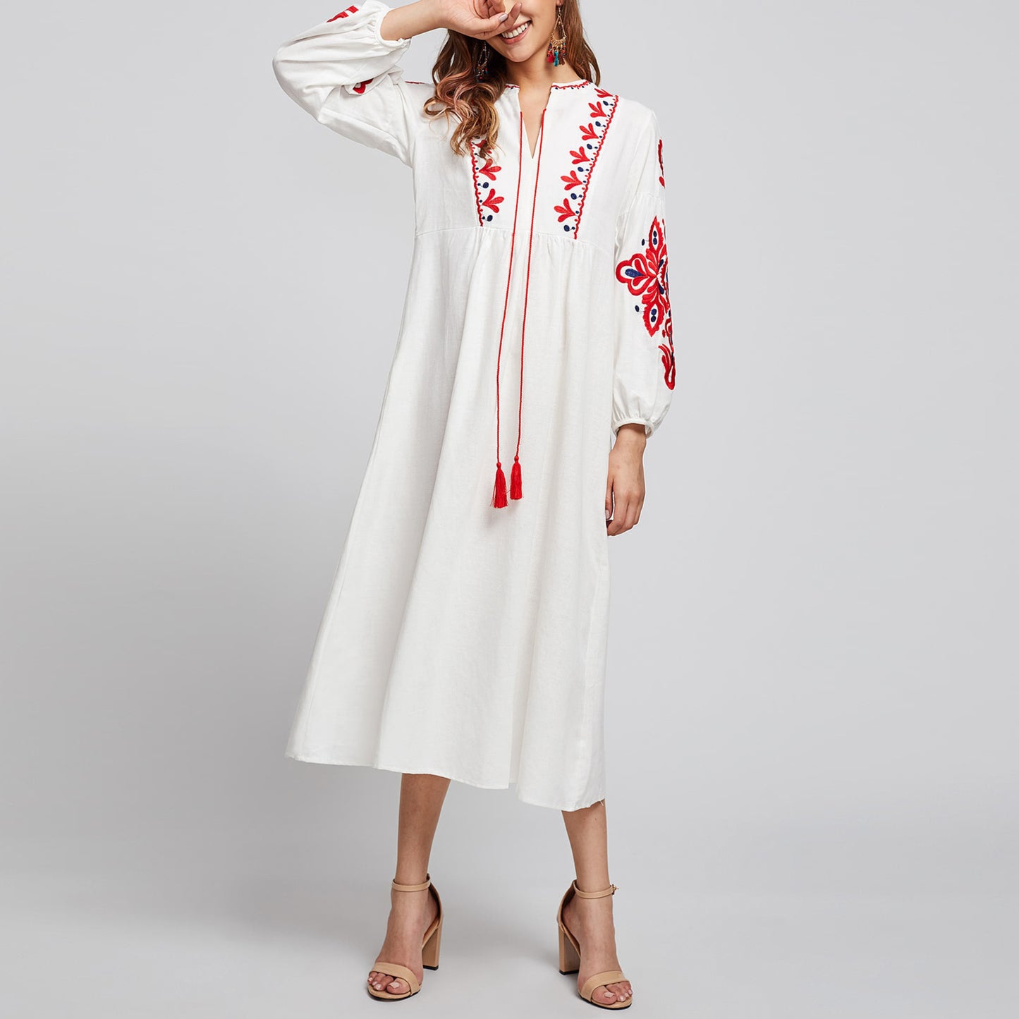 Embroidery Tassel Vintage Dresses V-Neck Bohemian Dress Women Clothing