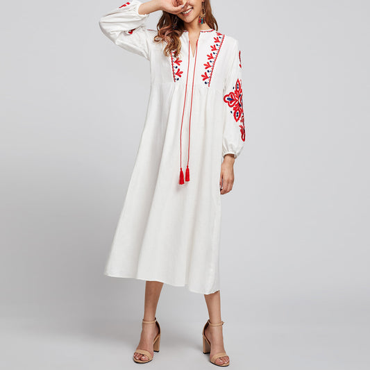 Embroidery Tassel Vintage Dresses V-Neck Bohemian Dress Women Clothing