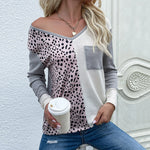 Women Loose Stitching V-Neck Leopard Sweater Top Wholesale