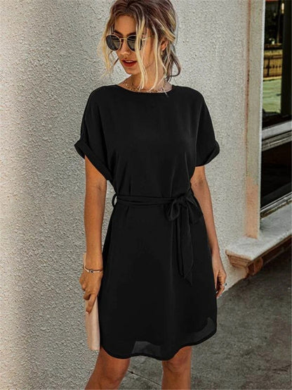 Summer Loose Solid Color Lace-Up Short Sleeve Midi Dresses Business Casual T Shirt Dress Wholesale SD531307