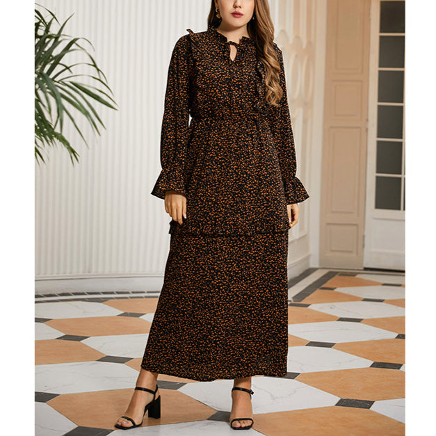 Leopard Print Long Sleeve Curvy Maxi Dresses Wholesale Plus Size Clothing