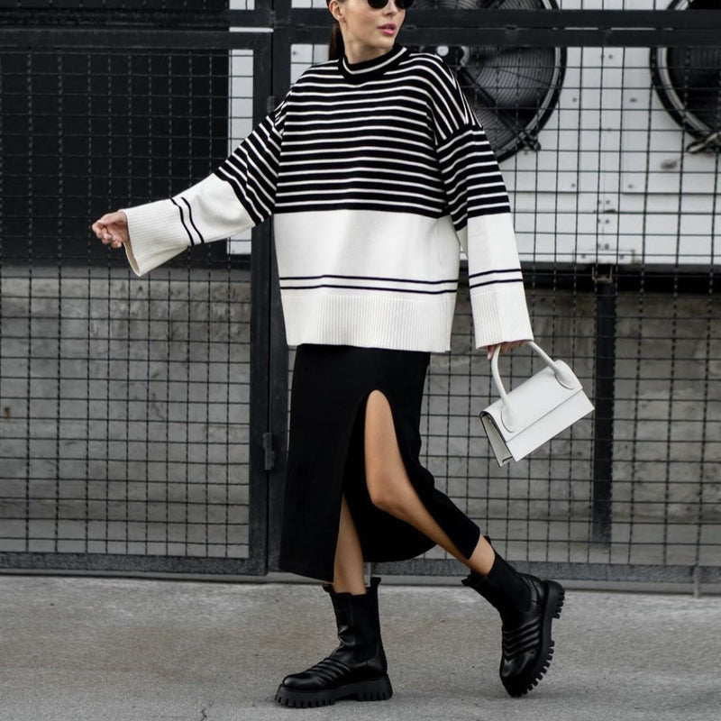 Commuter Crewneck Knitted Striped Colorblock Loose Sweater Wholesale Women Tops