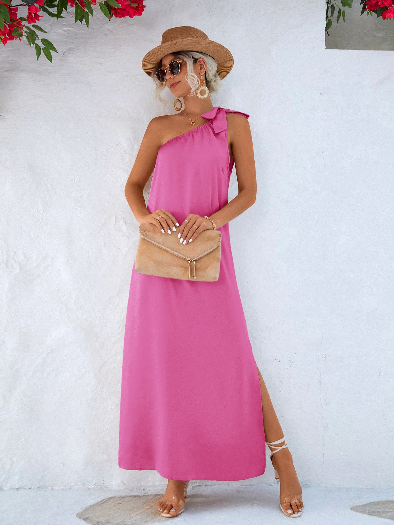 Solid Color Loose Strappy Slit Satin Dress Wholesale Maxi Dresses