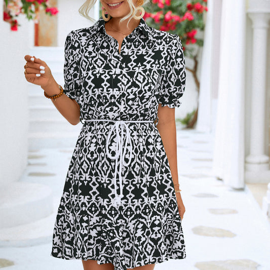 Printed Lace-Up High Waist Bohemian Shirtdress Wholesale Shirt Dresses