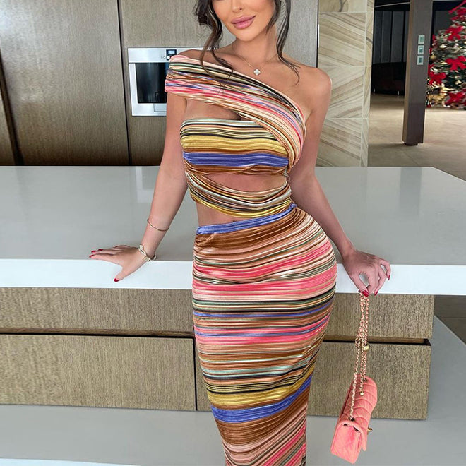 Fashion Colorful Striped Print Slim Hollow Backless Split Dress Wholesale Dresses