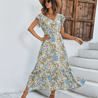 Floral Print V Neck Frill Sleeve Nipped Waist Mid-Length Ruffled Flowy Dress Casual Wholesale Dresses