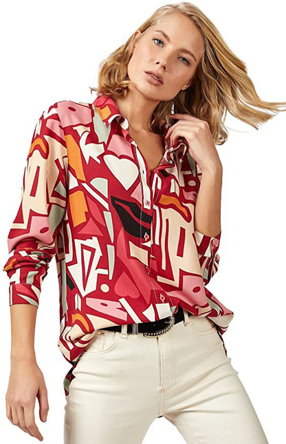 Casual Single-Breasted Print Lapel Blouses Wholesale Womens Long Sleeve T Shirts