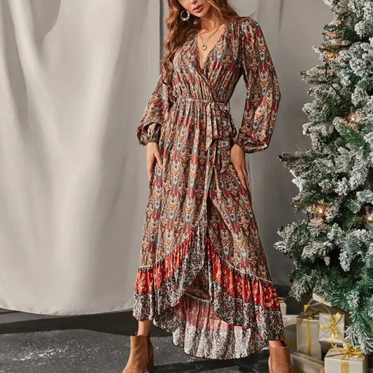 Fashion V-Neck Long Sleeve Beach Boho Print Irregular Tie Maxi Dress Wholesale Dresses