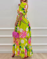 Printed Fashion Cutout Open Back Lantern Sleeve Sling Swing Drsses Crossover Wrap Chest Vacation Wholesale Maxi Dresses