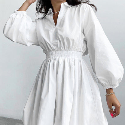 V-Neck Lantern Sleeve Wholesale Dresses Solid Color Casual Style