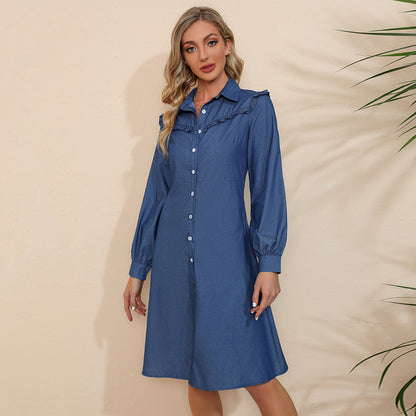 Women Lapel Solid Denim Long Sleeve Wholesale Womens Dresses