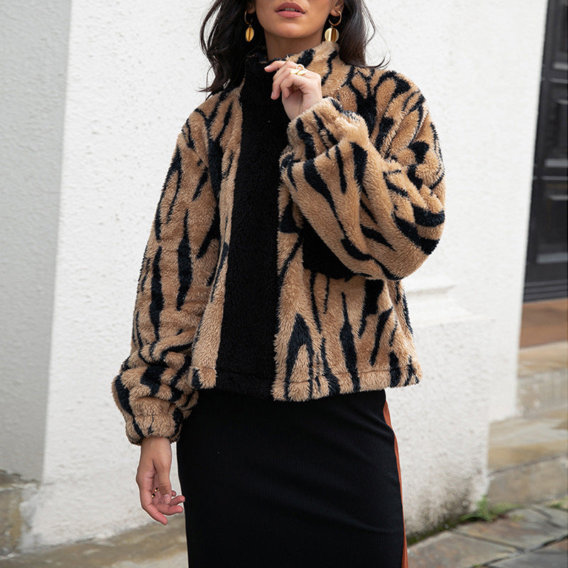 Leopard Zipper Double-Sided Fleece Thick Warm Cardigan Wholesale Fur Coats