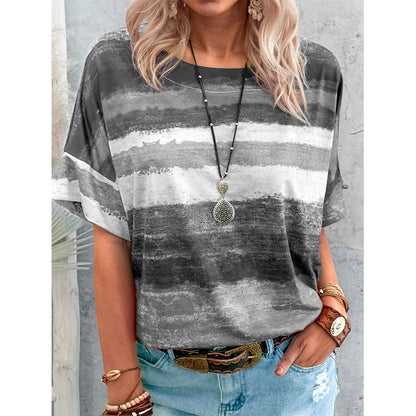 Short Sleeve Gradient Colorblock Print Round Neck Womens Tops Casual Wholesale T Shirts