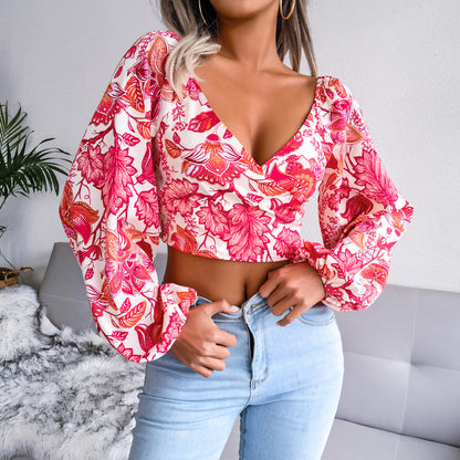 V-Neck Lantern Long-Sleeved Printed Chiffon Shirts Wholesale Crop Tops Sexy Womens Clothing