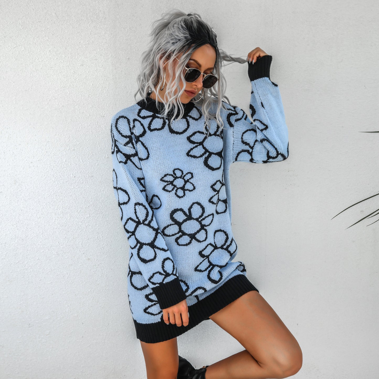 Flower Printing Sweater Knitted Dresses Women