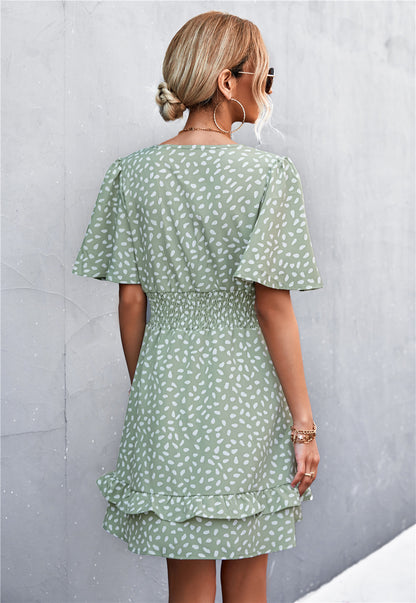 V-Neck Printed Flare Sleeve Ruffles Nipped Waist Resort Dress Wholesale Dresses