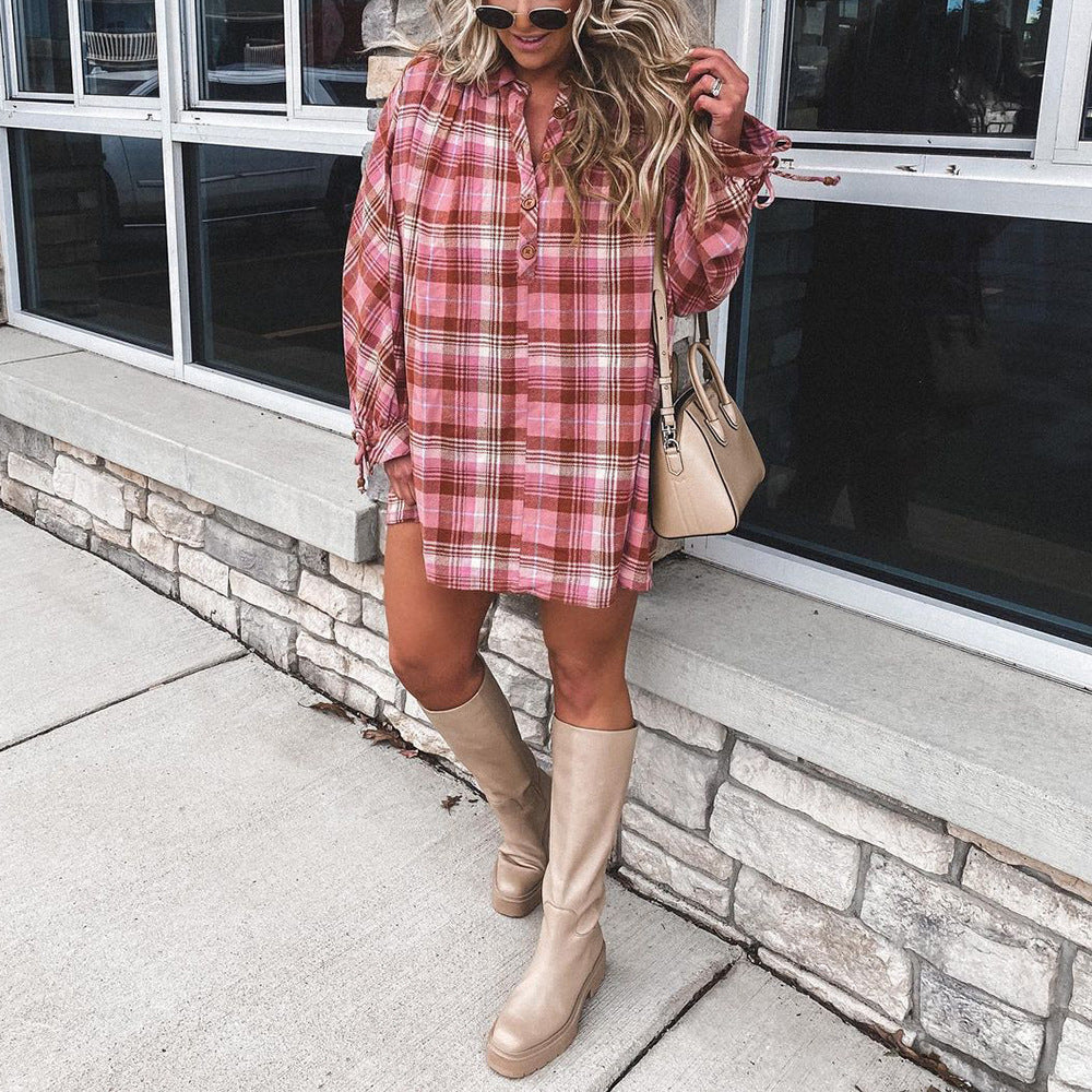 Ladies Plaid Printed Long Sleeve Lapel Loose Casual T Shirt Dress Wholesale