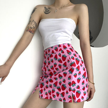 Strawberry Printing High Waist Slit Slim Skirt