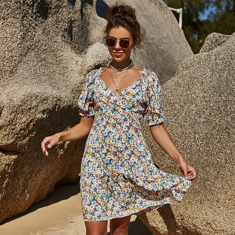 V Neck Fashion Floral Printed Wholesale Dresses Casual Style