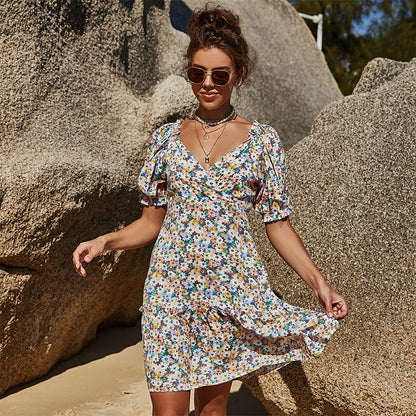 V Neck Fashion Floral Printed Wholesale Dresses Casual Style