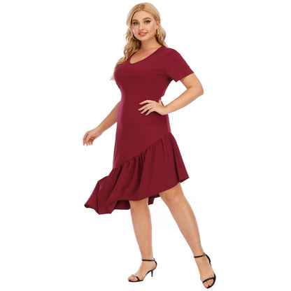 Irregular Ruffled Design V-Neck Short-Sleeved Wholesale Plus Size Dresses