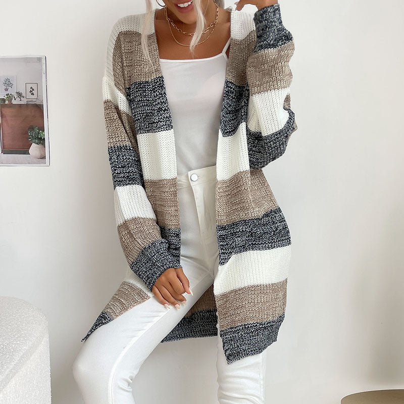 Buttonless Color-Block Knit Women's Wholesale Sweaters and Cardigans