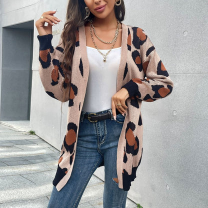 Women Wholesale Clothing Outwear Leopard Pattern Knitted Long Cardigan