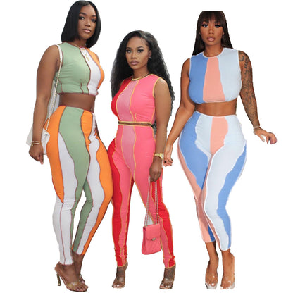 Two Pieces Set Inside-Out Wear Colorblock Stitching Crop Top & Pants Wholesale