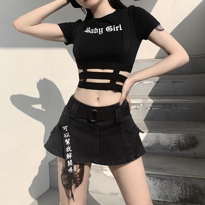 Letter Printed Gothic Punk Dark Style Wholesale Crop Top Tieback Design