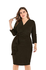 Solid Color Shining V-Neck Long Sleeve Tight Ruffles Casual Curve Dresses Wholesale Plus Size Clothing