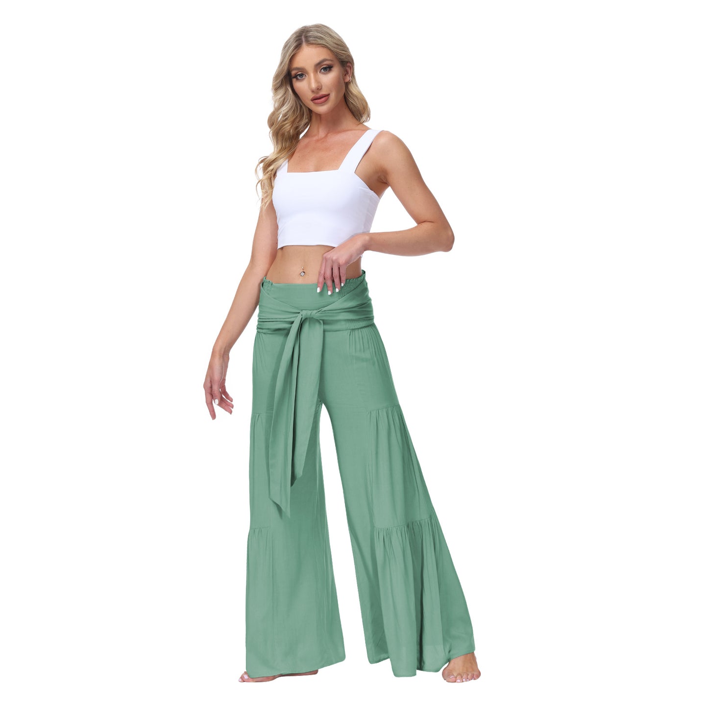 Solid Color Tie Waisted Wide Leg Palazzo Wholesale Pants