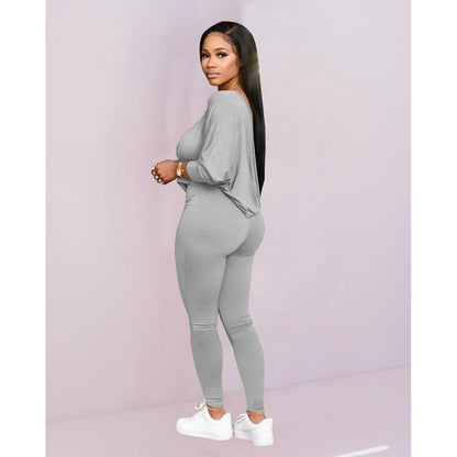 Sports Home Slanted Shoulder Long-Sleeved Leggings Two-Piece Suit Wholesale Women Clothing