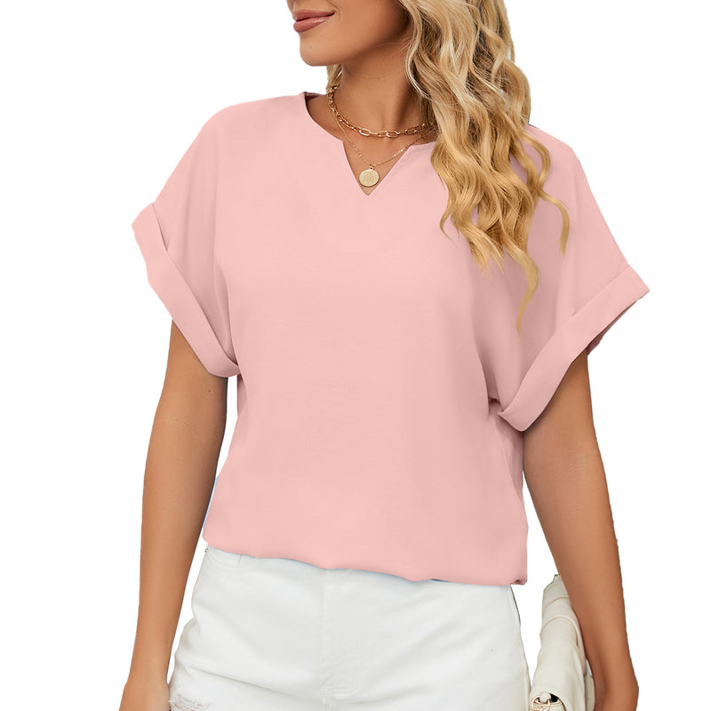 Solid Color V-Neck Short-Sleeved Chiffon T-Shirt Wholesale Womens Tops