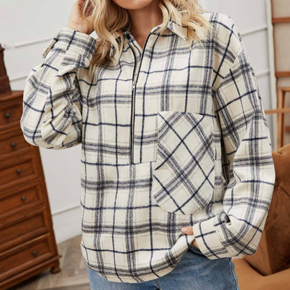 Plaid Printed Loose Long Sleeve Womens Tops Wholesale Sweatshirts Casual Zip Design