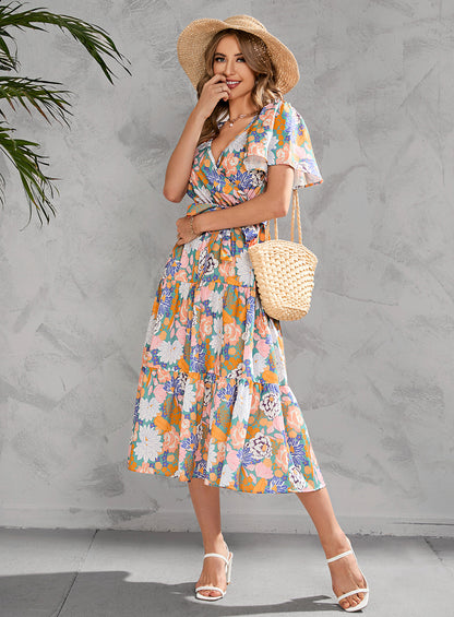 Short-Sleeve Floral Printed V-Neck Lace-Up Waist Midi Smocked Dress Casual Wholesale Dresses