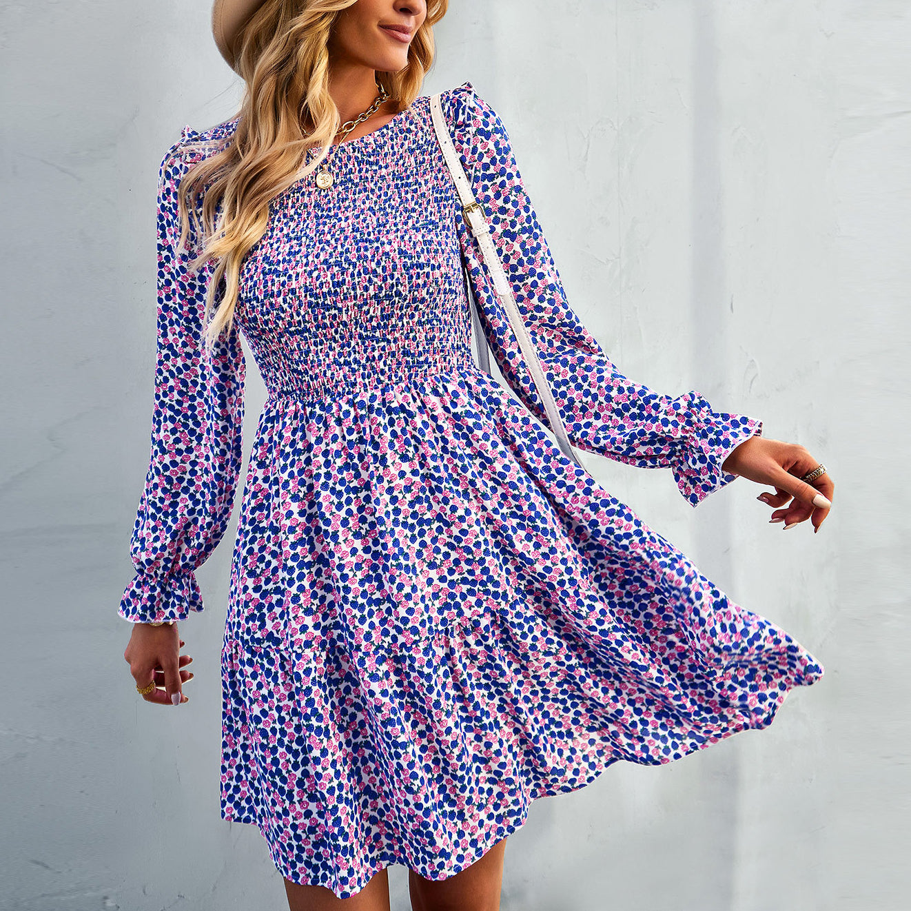 Casual Print Long Sleeve Round Neck A-Line Dress Wholesale Dresses