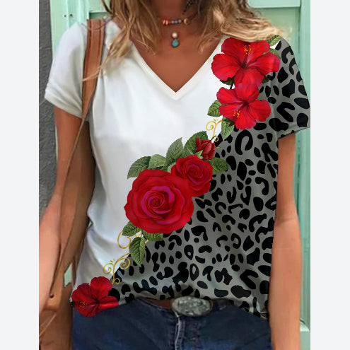 Casual Fashion Flower Leopard Printed V Neck Short Sleeved Wholesale T Shirts
