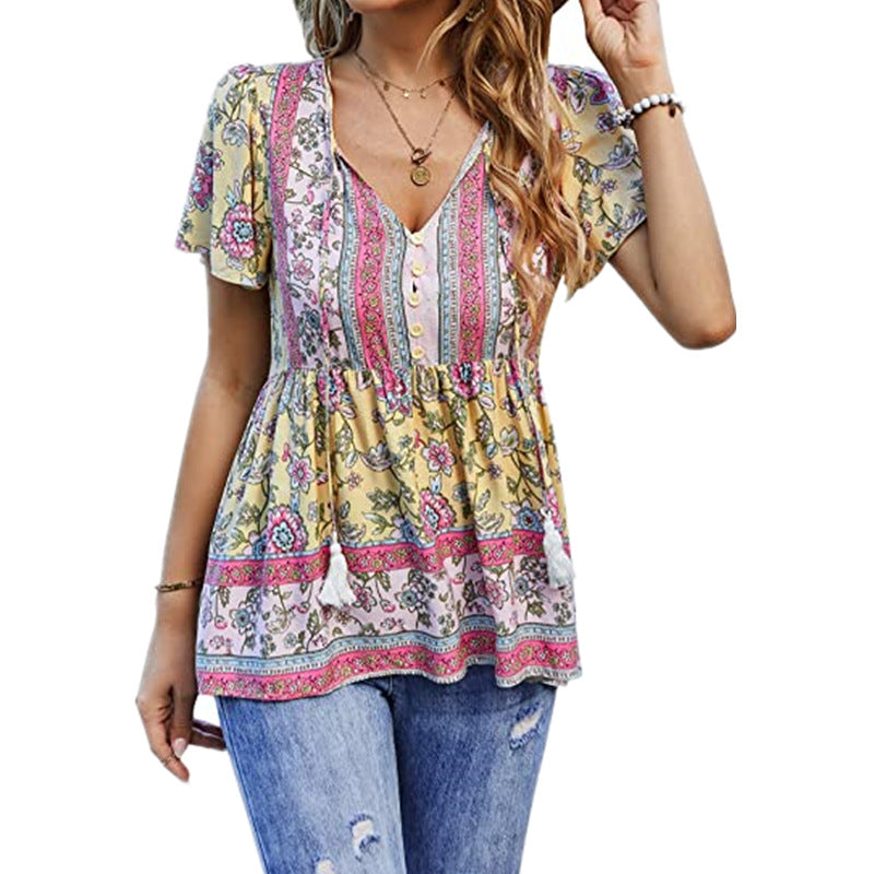 Floral Print Short Sleeve V Neck Ruffle Lace Up Wholesale Blouses For Women