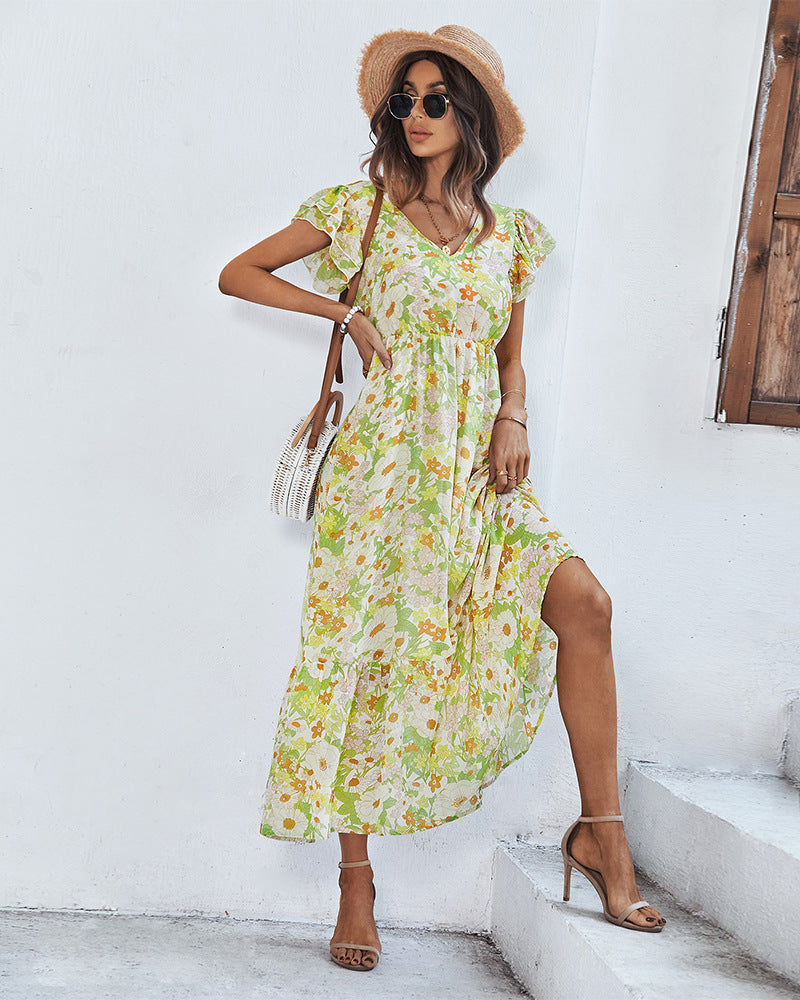 Floral Print V Neck Frill Sleeve Nipped Waist Mid-Length Ruffled Flowy Dress Casual Wholesale Dresses