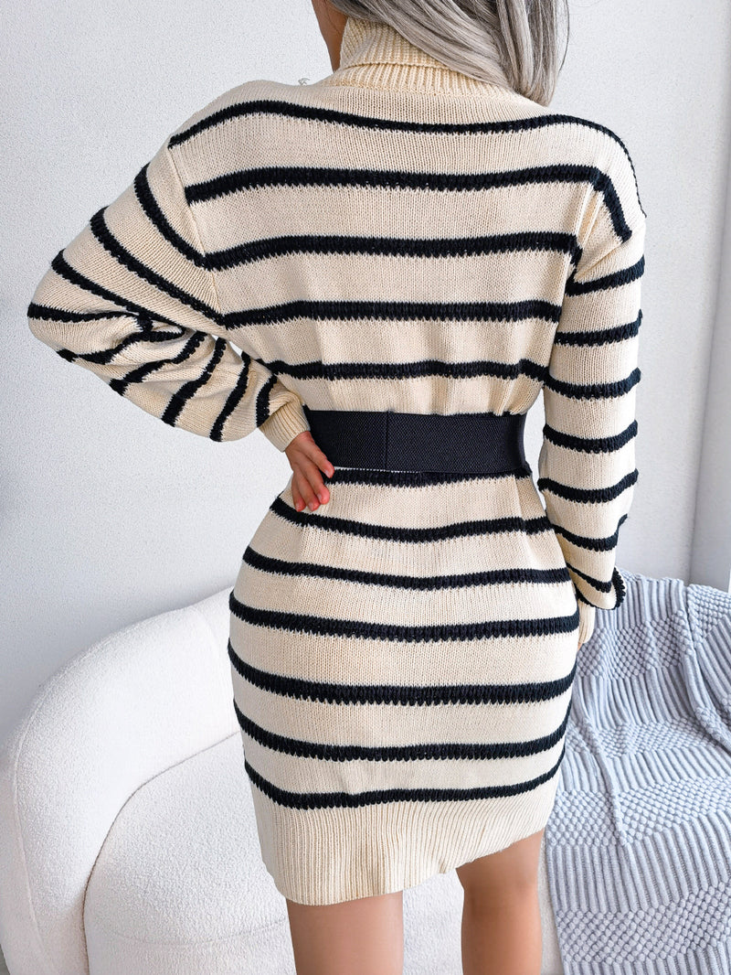 Casual Striped High Neck Pullover Long-Sleeved Knitted Dress Wholesale Dresses