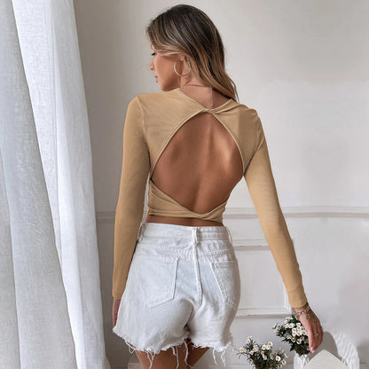 Sexy Backless Top Long Sleeve Slim Solid Color Wholesale Crop Tops