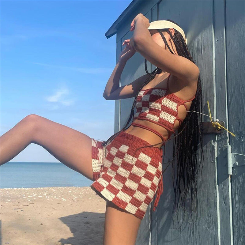 Knit Checkerboard Sexy Suits Ultra-Short Vests & Shorts Wholesale Women'S 2 Piece Sets