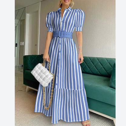 Solid Color High Waist Puff Sleeve A-Line Maxi Dress With Belt Elegant Wholesale Shirt Dresses Business Casual Women SD531218