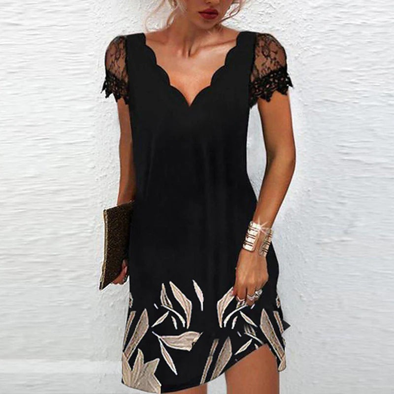 Fashion Print Wavy V-Neck Dress Lace Slim Short Sleeve Wholesale Dresses