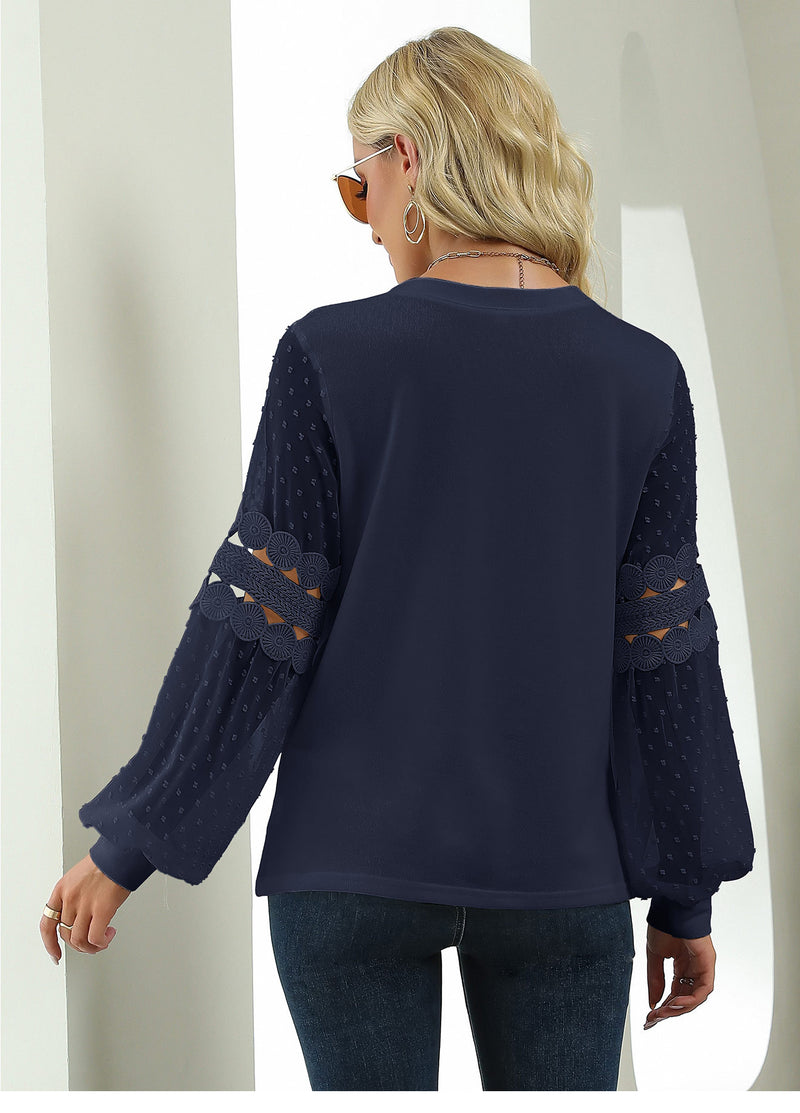 Fashion Puff Sleeve Lace Panel Shirts Chiffon Blouse Wholesale Womens Tops