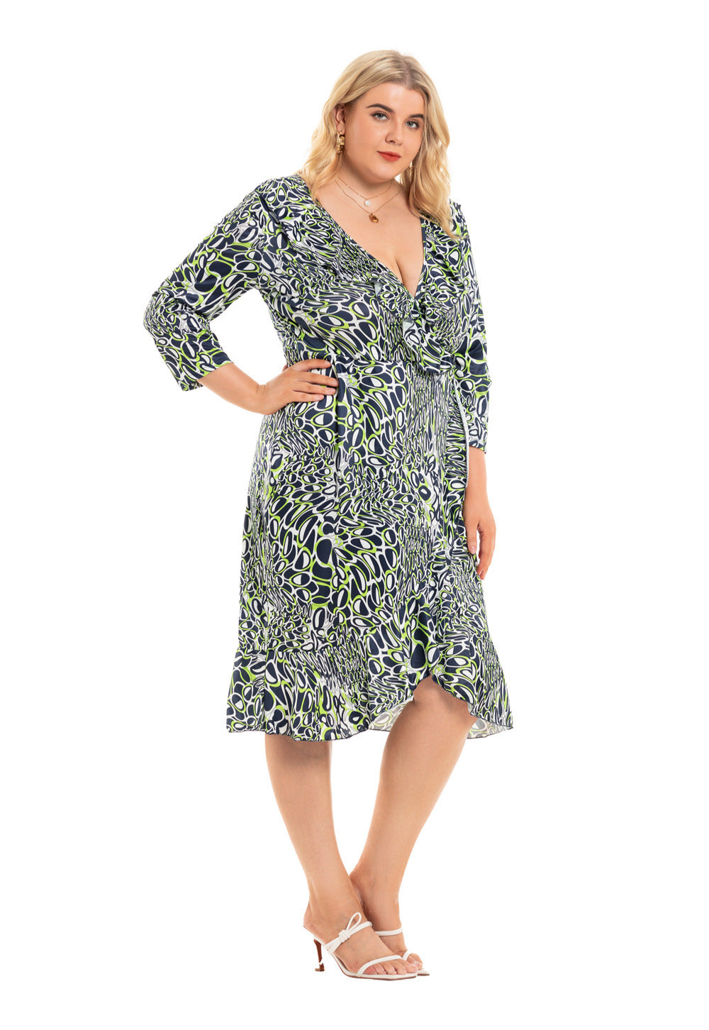 Fashion Print Long Sleeve Ruffle Wrap Dresses Wholesale Plus Size Clothing