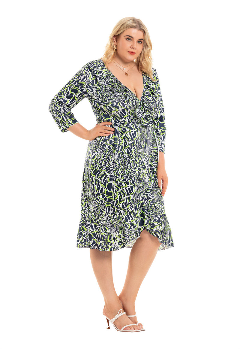 Fashion Print Long Sleeve Ruffle Wrap Dresses Wholesale Plus Size Clothing