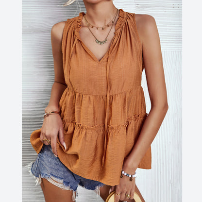 Lace-Up Solid Color Ruffled Sleeveless Loose Smocked Womens Shirts Casual Wholesale Tank Tops