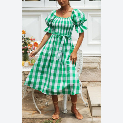 Gingham Square Neck Midi Wholesale Dresses For St. Patrick'S Day